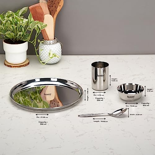 Sumeet Stainless Steel Heavy Gauge Mirror Finish Dinner Set of 16 Pcs (4 Plate, 4 Bowl/Wati, 4 Glass, 4 Spoon), Silver
