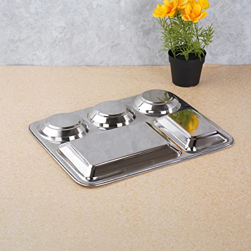 Package: Sumeet Stainless Steel Rectangular 5 in 1 Compartment Lunch / Dinner Plate 1Pc, 37.4cm Dia, Silver