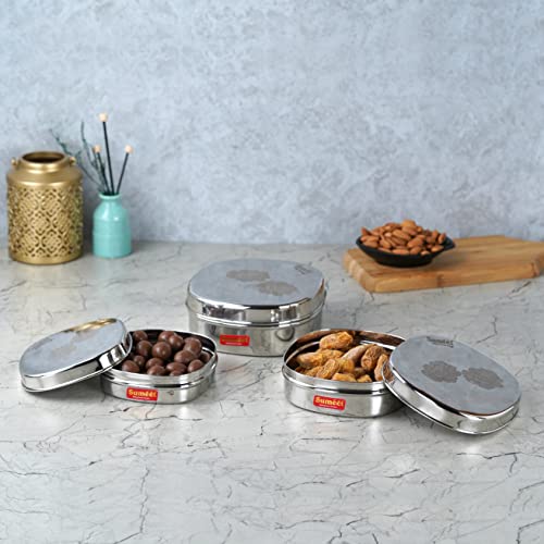 Sumeet Stainless Steel Designer Square Storage containers Box/Dabba for Kitchen, Set of 3Pcs, 350ml, 600ml & 950ml, 12cm, 13.5cm & 15cm Dia, Silver