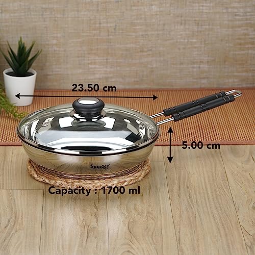 Sumeet Stainless Steel Induction Bottom (Encapsulated Bottom) Fry Pan with Glass Lid 1.7 LTR, 23.5 cm Dia, Silver