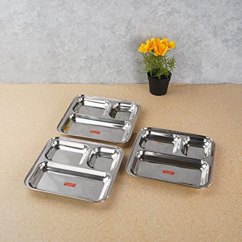 Sumeet Stainless Steel 3 in 1 Idli WADA Compartment Plate / Snack Plate / Breakfast Plate Set of 3Pcs, 21.7cm Dia, Silver