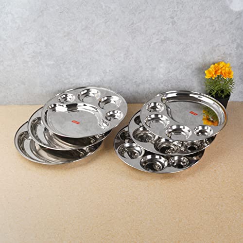 Sumeet Stainless Steel Round 5 in 1 Compartment Lunch / Dinner Plate Set of 6Pcs, 34cm Dia, Silver