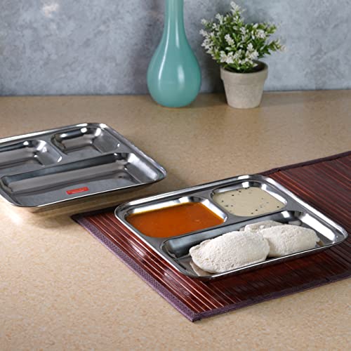 Sumeet Stainless Steel 3 in 1 Idli WADA Compartment Plate / Snack Plate / Breakfast Plate Set of 2Pcs, 24.5cm Dia, Silver