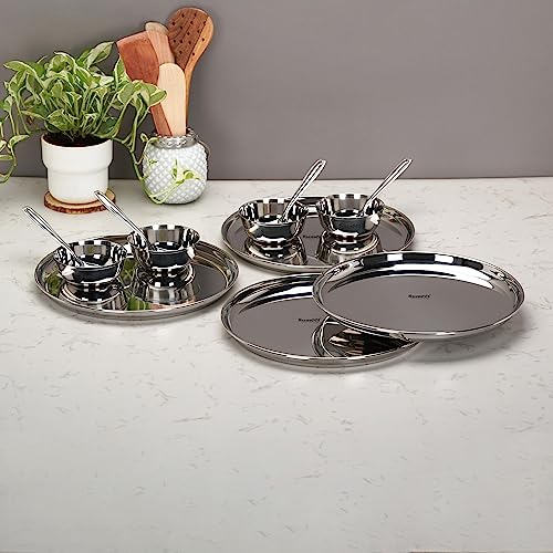 Sumeet Stainless Steel Heavy Gauge Mirror Finish Dinner Set of 12 Pcs (4 Plate, 4 Bowl/Wati, 4 Spoon), Silver