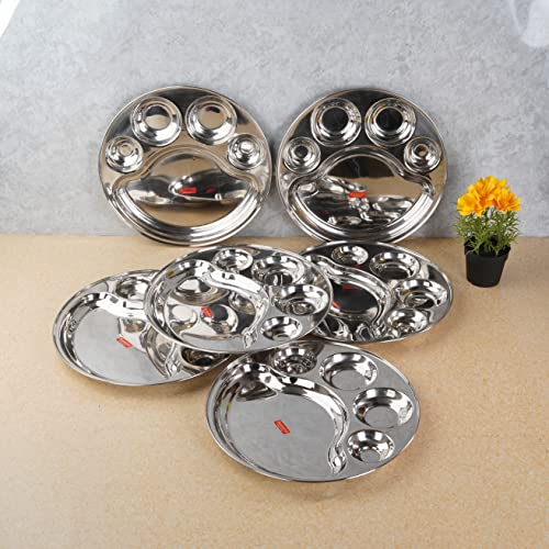 Sumeet Stainless Steel Round 5 in 1 Compartment Lunch / Dinner Plate Set of 6Pcs, 34cm Dia, Silver