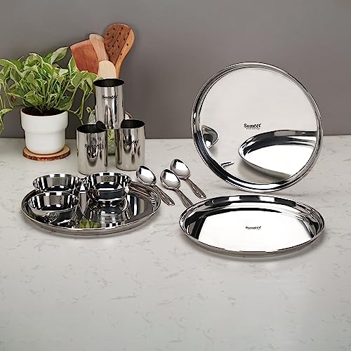 Sumeet Stainless Steel Heavy Gauge Mirror Finish Dinner Set of 12 Pcs (3 Plate, 3 Bowl/Wati, 3 Glass, 3 Spoon), Silver