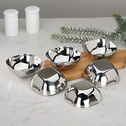 Sumeet Heavy Gauge Stainless Steel Apple Square Bowl/Wati/Katori with Mirror Finish – 9.5cm Dia, Set of 6pc, 200ML Each - Silver
