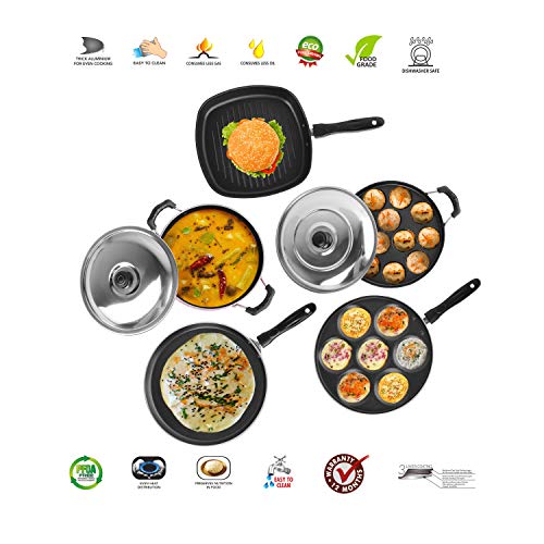 Sumeet 2.6mm Thick Non-Stick Rubrum Cookware Set (Dosa Tawa – 26.5cm Dia + Multi Snack Maker – 26.5cm Dia + Kadhai with Lid – 1.5Ltr + Grill Appam Patra with Lid – 23cm Dia + Grill Pan – 1.1Ltr)