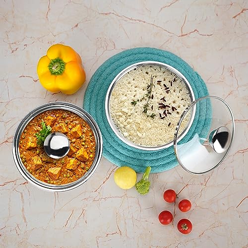 Sumeet Smart Serve Stainless Steel Double Wall Insulated Small Hot Sabji/Gravy/Meal Pot/Server/Casserole with Glass Lid, 550ml, Set of 2pc, Silver