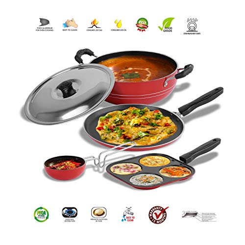 Sumeet 2.6mm Thick Non-Stick Rudh Cookware Set (Dosa Tawa – 26.5cm Dia + Mini Multi Snack Maker – 19.5cm Dia + Kadhai with Lid – 1.5Ltr Capacity- 20cm Dia + Tadka Pan – 10cm Dia)