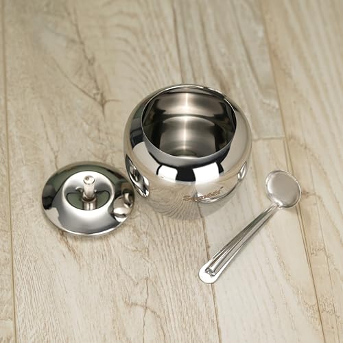 Sumeet Stainless Steel Apple Shape Ghee and Oil Pot, Storage Container with Spoon for Kitchen, 9cm Dia, 350ML - Silver (Pack of 1)