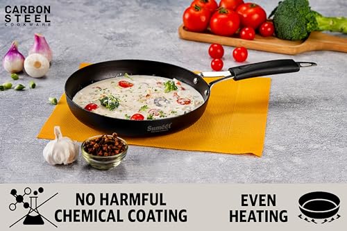 Sumeet Super Smooth Pre Seasoned Carbon Steel (Iron) Fry Pan for Frying, Roasting, Saute|Naturally Nonstick |20.5cm | 1100ml, Gas & Induction-Friendly, Black