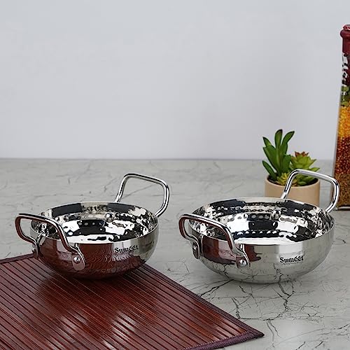 Sumeet Stainless Steel Handcrafted Hammered Mathar Kadai for Kitchen, Small Size, 450ML & 650ML, 12cm & 14cm Dia, Pack of 2, Silver