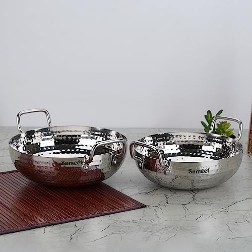 Sumeet Stainless Steel Handcrafted Hammered Mathar Kadai for Kitchen, Medium Size, 1700ML & 2250ML, 20cm & 22cm Dia, Pack of 2, Silver