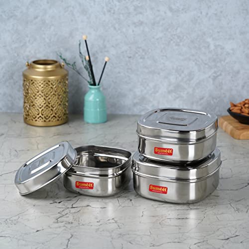 Sumeet Stainless Steel Square Storage containers Box/Dabba for Kitchen, Set of 3Pcs,550ml, 700ml & 1000ml, 11cm, 12.5cm Dia & 14.5cm, Silver
