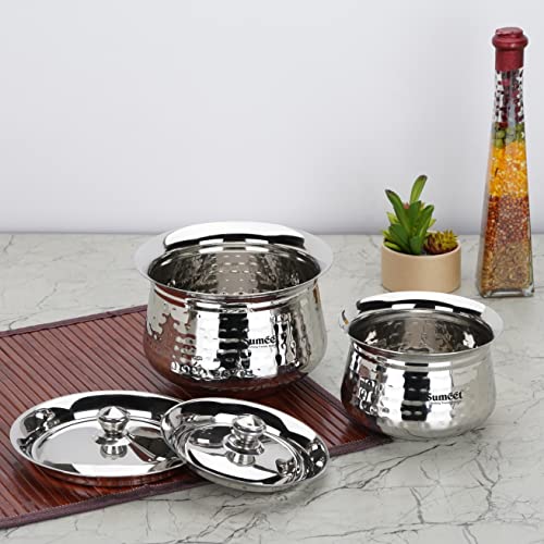 Sumeet Stainless Steel Handcrafted Hammered Texture Handi Set with Lid for Kitchen, Set of 2, 650ml & 1300ml, Silver