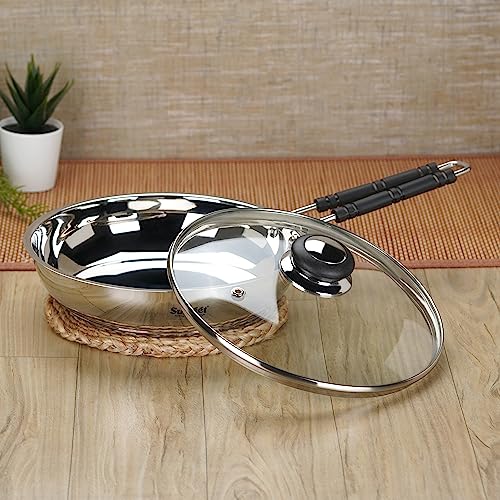 Sumeet Stainless Steel Induction Bottom (Encapsulated Bottom) Fry Pan with Glass Lid 1.7 LTR, 23.5 cm Dia, Silver