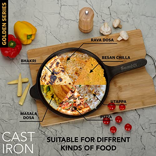 Sumeet Super Smooth Gold Series Pre Seasoned Cast Iron Shallow Fry Pan for Frying/Roasting |24.5cm 1.6kg, Gas & Induction-Friendly.