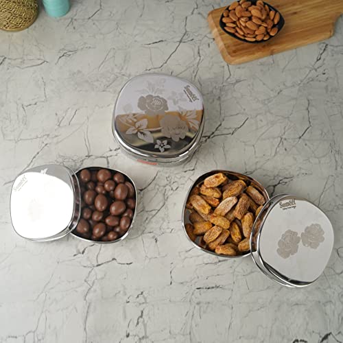 Sumeet Stainless Steel Designer Square Storage containers Box/Dabba for Kitchen, Set of 3Pcs, 350ml, 600ml & 950ml, 12cm, 13.5cm & 15cm Dia, Silver