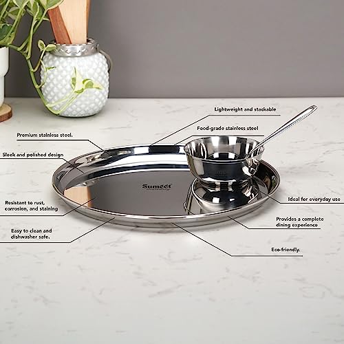 Sumeet Stainless Steel Heavy Gauge Mirror Finish Dinner Set of 12 Pcs (4 Plate, 4 Bowl/Wati, 4 Spoon), Silver