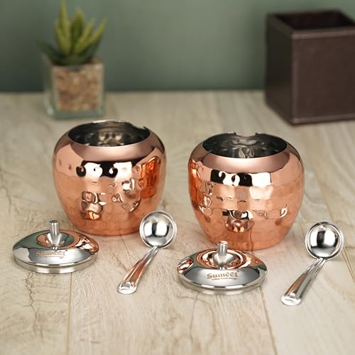 Sumeet Stainless Steel Copper Coated Handcrafted Hammered Ghee and Oil Pot, Storage Container with Spoon for Kitchen and Pooja, 7.5cm Dia, 220ML - Silver (Pack of 2)