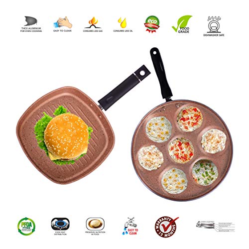 Sumeet Nonstick Granite Finish 2Pcs Zinger cookware Set (Grill Pan 22cm Dia + Multi Snack Maker - 7 Cavity - 26.5cm Dia)
