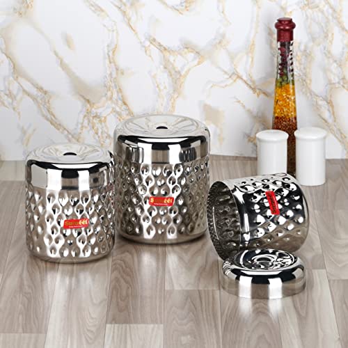 Sumeet Stainless Steel Vertical Utility Canisters/Ubha Dabba/Storage Containers with Design Set of 3pcs (900ml, 1200ml,1700ml), Silver