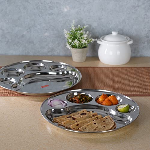 Sumeet Stainless Steel Round 5 in 1 Compartment Lunch / Dinner Plate Set of 2Pcs, 31cm Dia, Silver