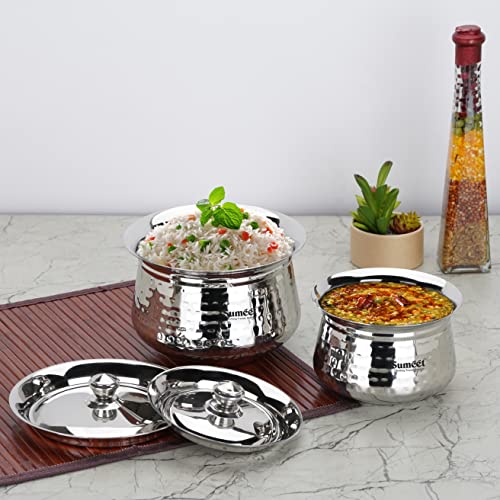Sumeet Stainless Steel Handcrafted Hammered Texture Handi Set with Lid for Kitchen, Set of 2, 650ml & 1300ml, Silver