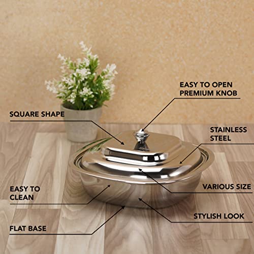 Sumeet Stainless Steel Square Serving Bowl / Curry Bowl / Gravy Pot with lid