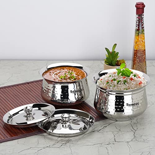 Sumeet Stainless Steel Handcrafted Hammered Texture Handi Set with Lid for Kitchen, Set of 2, 950ml & 1300ml, Silver