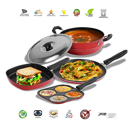 Sumeet 2.6mm Thick Non-Stick Catalan Cookware Set (Dosa Tawa – 26.5cm Dia + Mini Multi Snack Maker – 19.5cm Dia + Kadhai with Lid – 1.5Ltr Capacity- 20cm Dia + Grill Pan – 1.1Ltr Capacity – 22cm Dia)