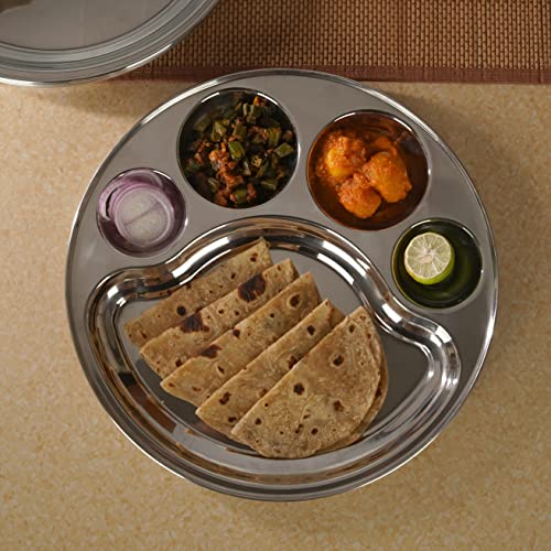 Sumeet Stainless Steel Round 5 in 1 Compartment Lunch / Dinner Plate 1Pc, 34cm Dia, Silver