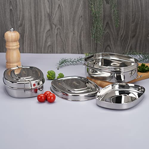 Sumeet Stainless Steel Rectangle Lunch Box/Tiffin with with 2 Compartments and Locking Clip,Set of 2 Pcs, 650ML & 1000ML, Ideal for 4 Person - Silver
