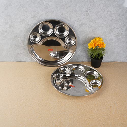 Sumeet Stainless Steel Round 5 in 1 Compartment Lunch / Dinner Plate Set of 2Pcs, 31cm Dia, Silver