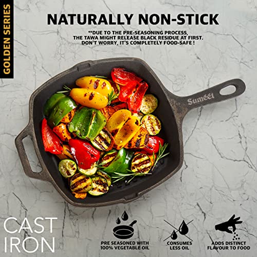 Sumeet Super Smooth Gold Series Pre Seasoned Cast Iron Grill Pan for Grill/Fry/Saute/Roast |28cm 3.180kg, Gas & Induction-Friendly.