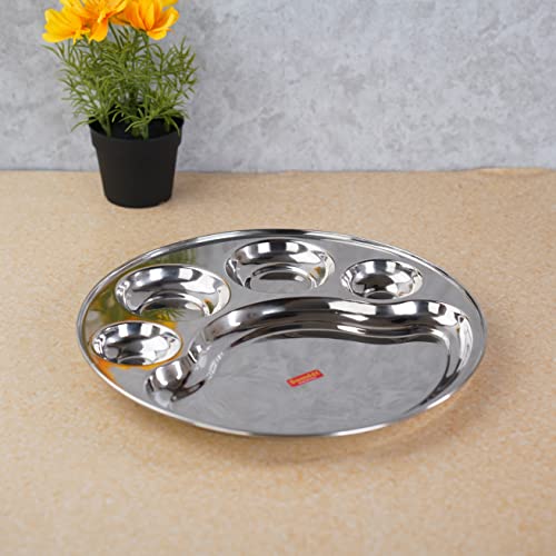 Sumeet Stainless Steel Round 5 in 1 Compartment Lunch / Dinner Plate 1Pc, 34cm Dia, Silver