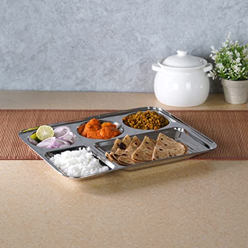 Package: Sumeet Stainless Steel Rectangular 5 in 1 Compartment Lunch / Dinner Plate 1Pc, 37.4cm Dia, Silver