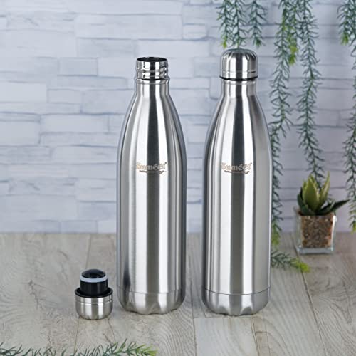Sumeet Stainless Steel Double Walled Flask / Water Bottle, 24 Hours Hot and Cold, 800 ml, Silver - Set of 2 Pcs