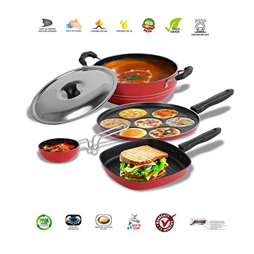 Sumeet 2.6mm Thick Non-Stick Roux Cookware Set (Multi Snack Maker – 26.5cm Dia + Kadhai with Lid – 1.5Ltr Capacity- 20cm Dia + Grill Pan – 1.1Ltr Capacity – 22cm Dia + Tadka Pan – 10cm Dia)
