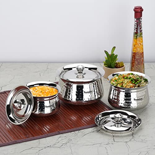 Sumeet Stainless Steel Handcrafted Hammered Texture Handi Set with Lid for Kitchen, Set of 3, 460ml, 650ml & 950ml, Silver