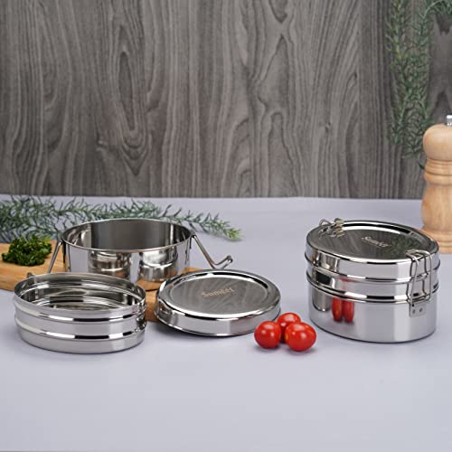 Sumeet Stainless Steel Oval Lunch Box/Tiffin with 2 Compartments and Locking Clip, Set of 2 Pcs, 800ML & 850ML Each, Ideal for 4 Person - Silver