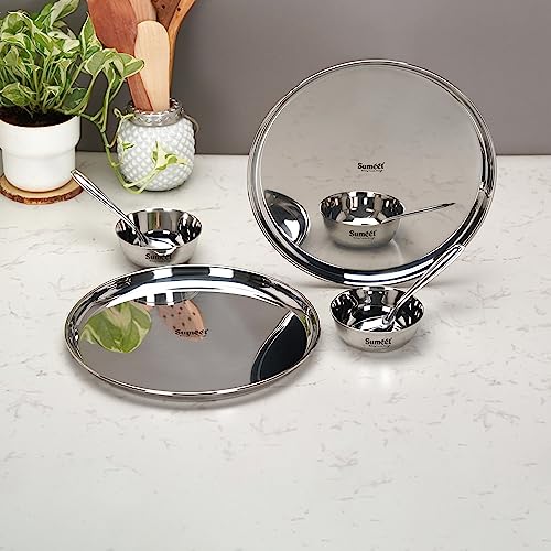 Sumeet Stainless Steel Heavy Gauge Mirror Finish Dinner Set of 6 Pcs (2 Plate, 2 Bowl/Wati, 2 Spoon), Silver