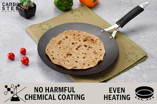Sumeet Super Smooth Pre Seasoned Carbon Steel (Iron) Concave Tawa for Roti, Chapati, Paratha, Chila |Naturally Nonstick |22.5cm, Gas & Induction-Friendly, Black