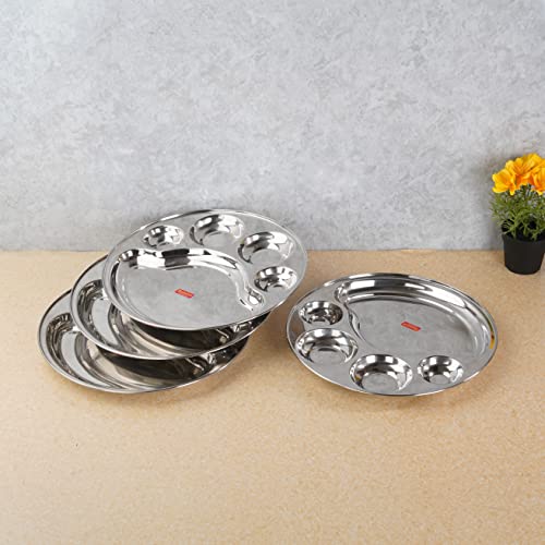 Sumeet Stainless Steel Round 5 in 1 Compartment Lunch / Dinner Plate Set of 4Pcs, 34cm Dia, Silver