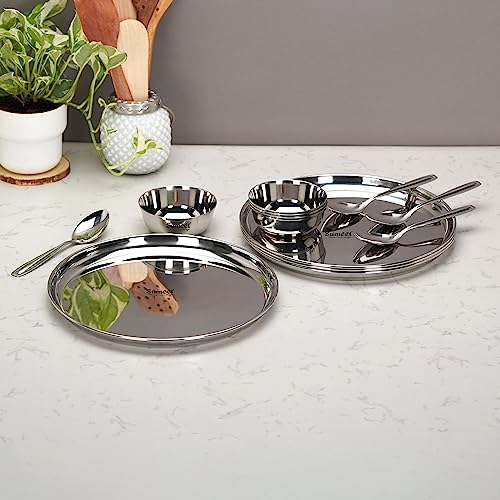 Sumeet Stainless Steel Heavy Gauge Mirror Finish Dinner Set of 12 Pcs (4 Plate, 4 Bowl/Wati, 4 Spoon), Silver