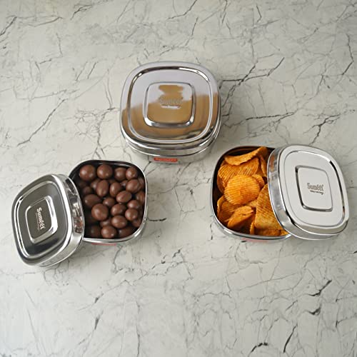 Sumeet Stainless Steel Square Storage containers Box/Dabba for Kitchen, Set of 3Pcs,550ml, 700ml & 1000ml, 11cm, 12.5cm Dia & 14.5cm, Silver