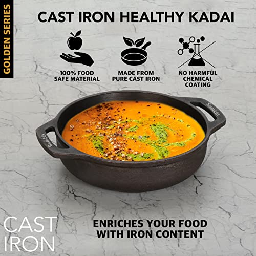 Sumeet Super Smooth Gold Series Pre Seasoned Cast Iron Kadai for Cooking /Deep Fry/Saute |2.7 LTR, 25cm, 2.670kg, Gas & Induction-Friendly.