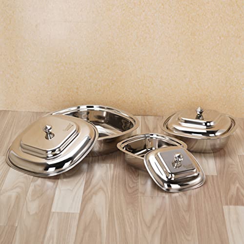 Sumeet Stainless Steel Square Serving Bowl / Curry Bowl / Gravy Pot with lid