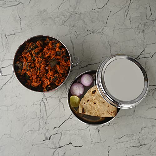 Sumeet Stainless Steel Meal Pack Lunch Box / Tiffin with Steel Separator Plate and Locking Clip, 500ML, 13cm Dia, Silver